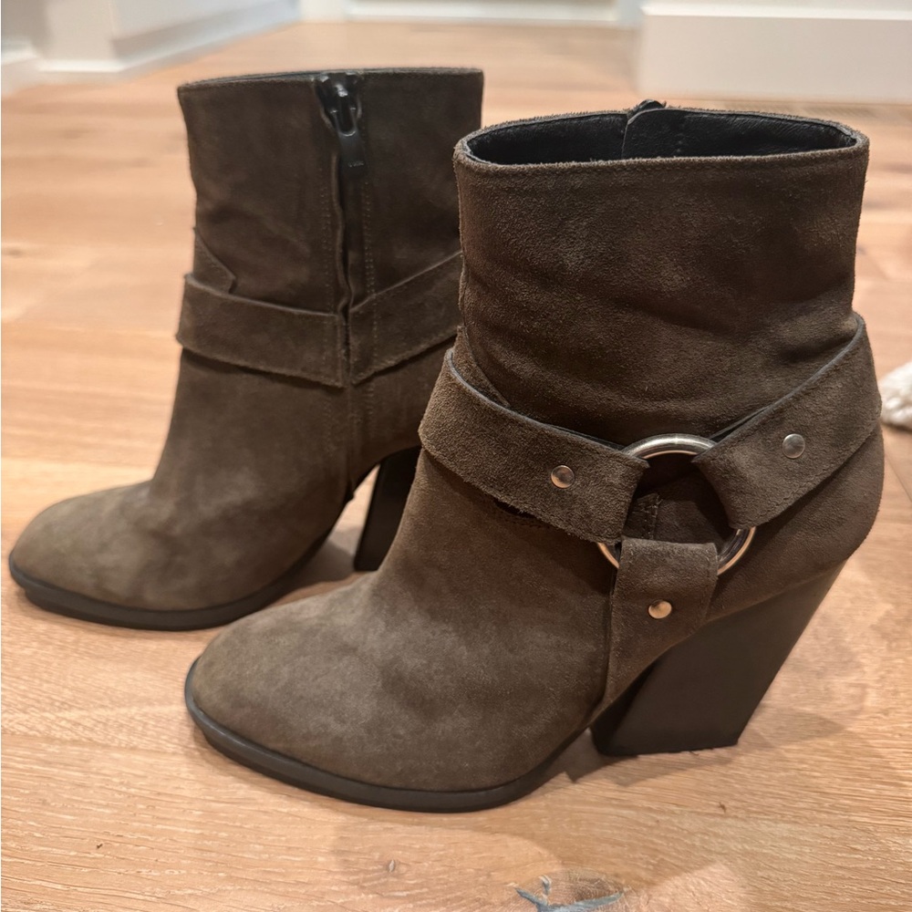 Vince Camuto Suede Buckle Booties in Dark Taupe Color